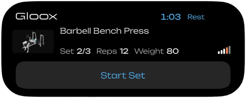 Dynamic Island during rest: barbell bench press, set 2 of 3, 12 reps at 80 kg, 1:03 left and a Start Set button