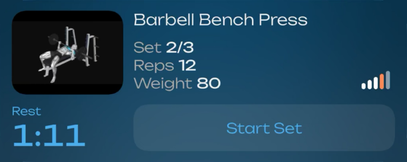 Gloox Live Activity on the lock screen: barbell bench press, set 2 of 3, 12 reps at 80 kg, 1:11 of rest left and a Start Set button