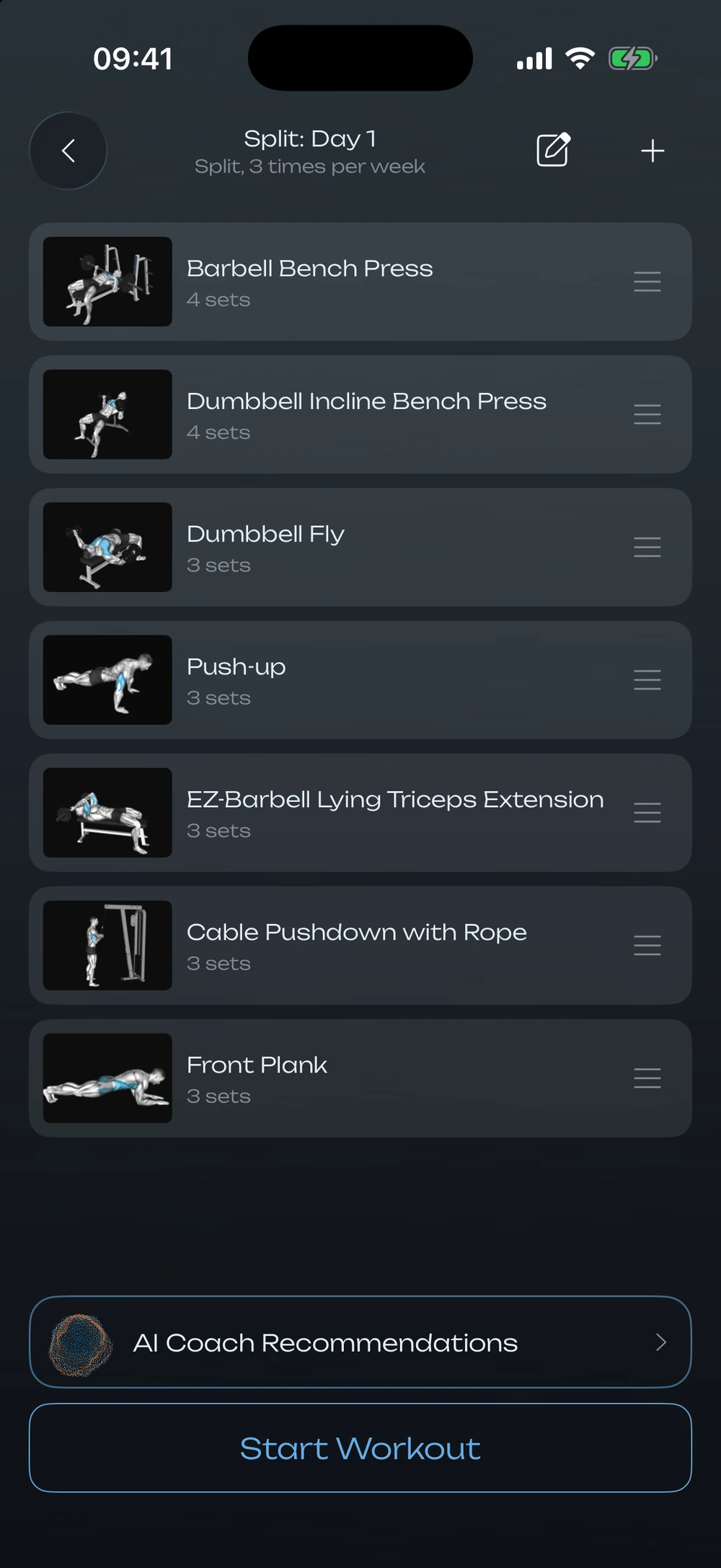 Split: Day 1 in Gloox: seven exercises from bench press to front plank, each with its own form animation