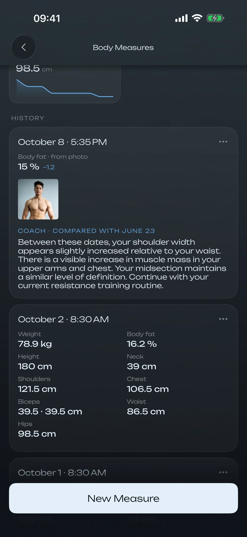 Body measures: 15 % body fat from a photo, down 1.2 %, and the coach's comparison with the June 23 photo