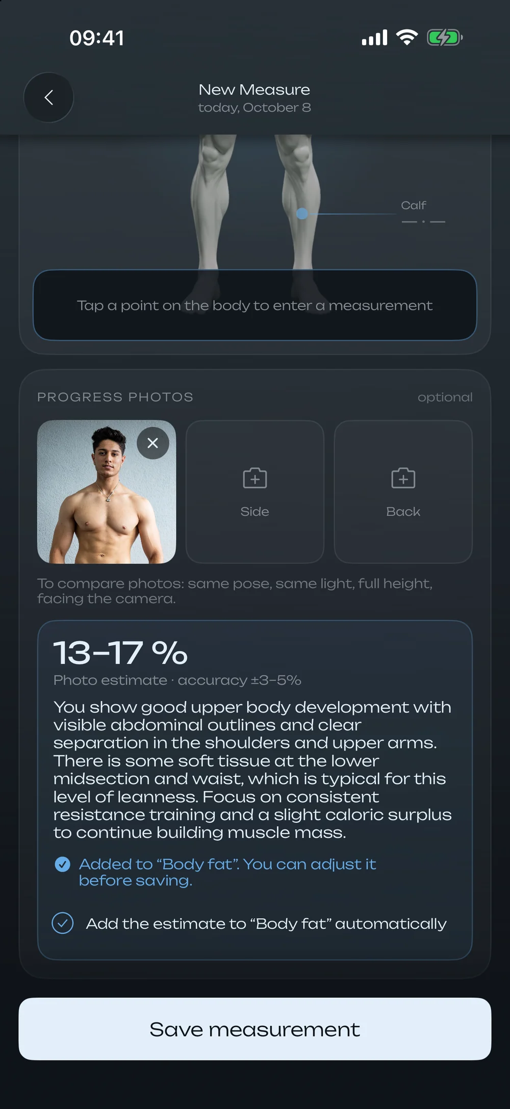 Estimate from a photo: 13–17 % body fat with the coach's notes on shoulders, chest and waist