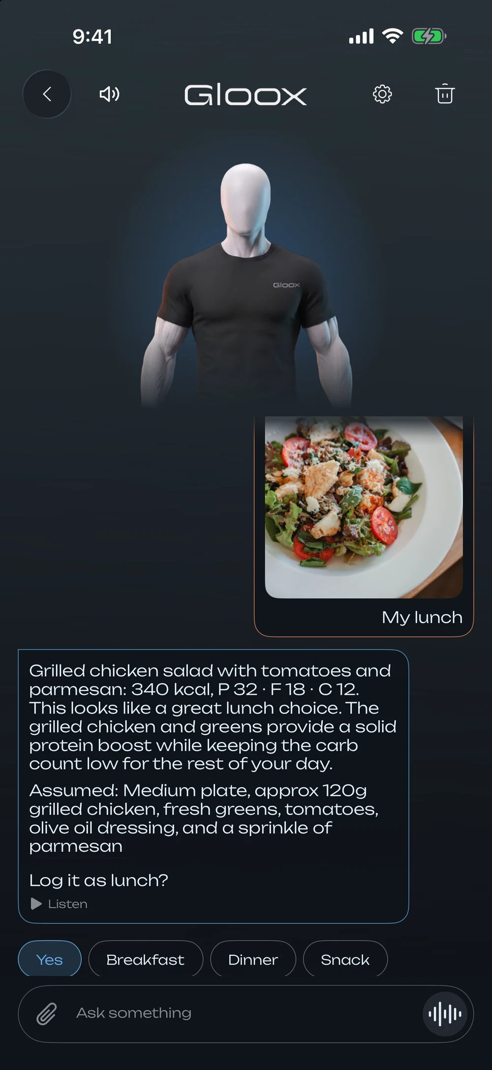 Chat with the coach: a photo of lunch, the answer — grilled chicken salad, 340 kcal, P 32 · F 18 · C 12, «Log it as lunch?»