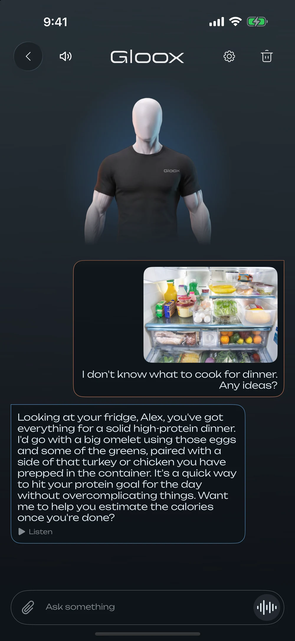 A photo of a fridge in the chat and «I don't know what to cook for dinner», the coach suggests an omelette with turkey