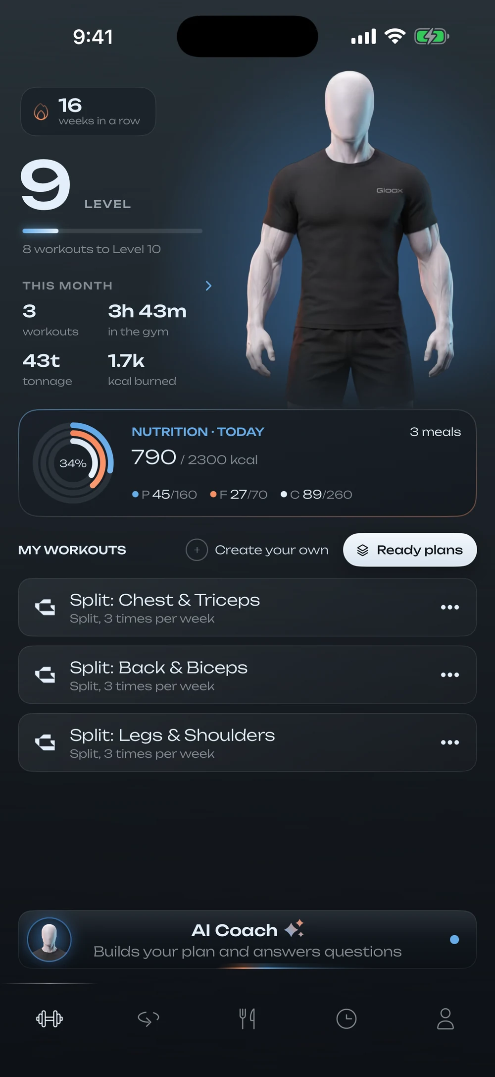 The Gloox home screen: coach Max, a 16-week streak, level 9, 790 of 2300 kcal today, three split workouts and the AI Coach button
