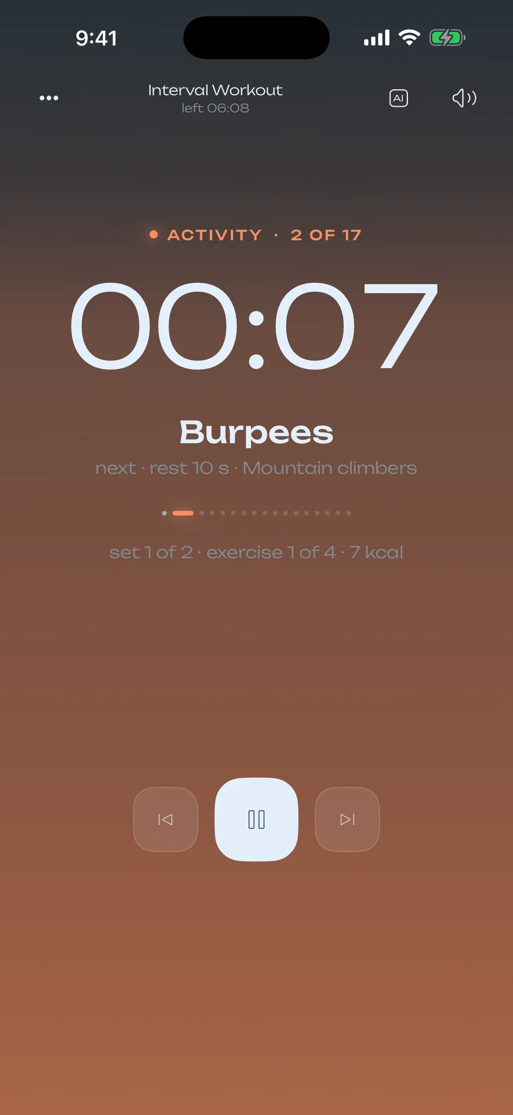 The interval timer: work, 00:07, burpees, next a 10-second rest and mountain climbers