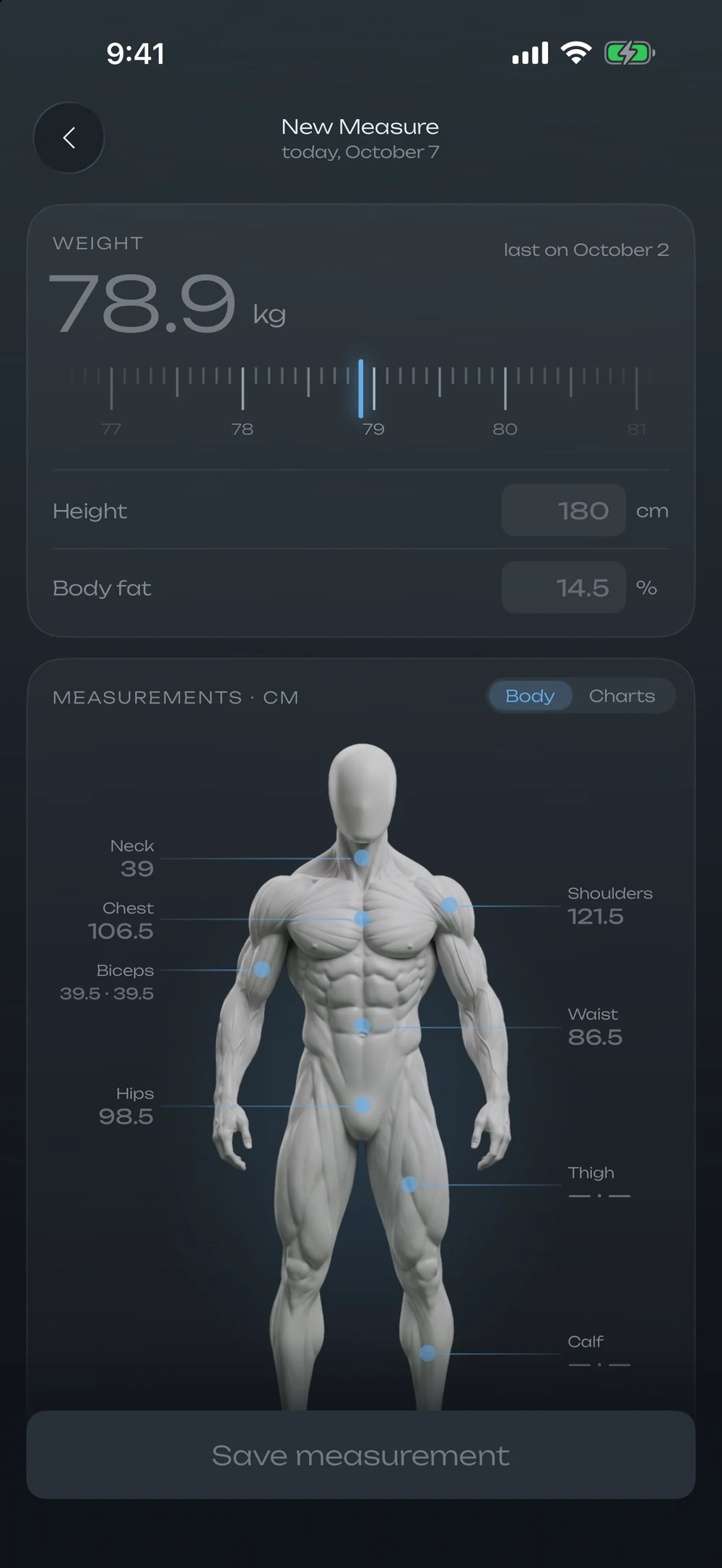 New measurement: 78.9 kg on the ruler, circumferences on the body model