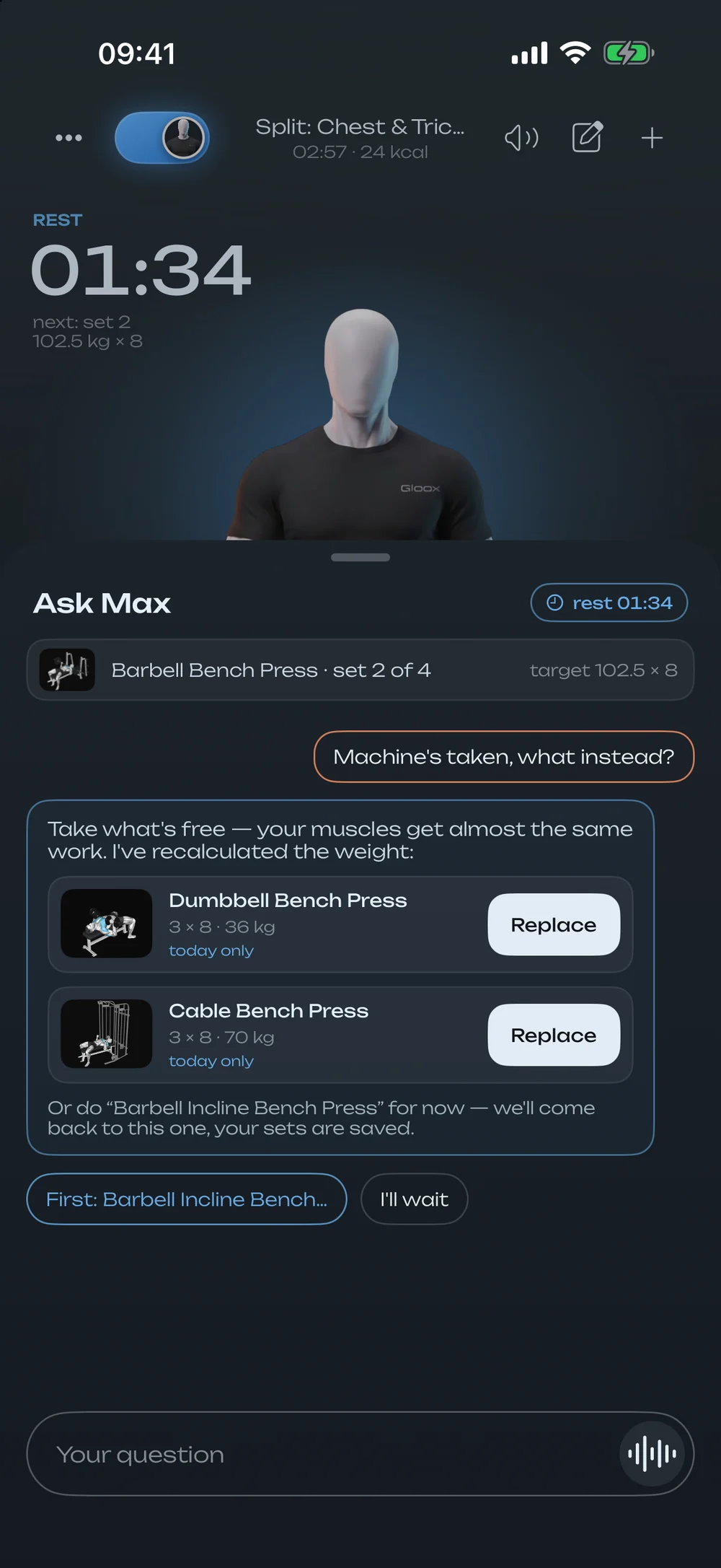 «Machine's taken, what instead?» and the coach's answer: dumbbell bench press 3 × 8 × 36 kg or cable bench press