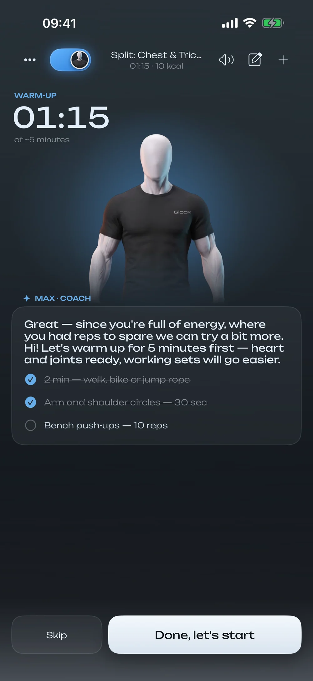 Warm-up with the coach: a 01:15 timer and a checklist — walk or bike, arm circles, bench push-ups