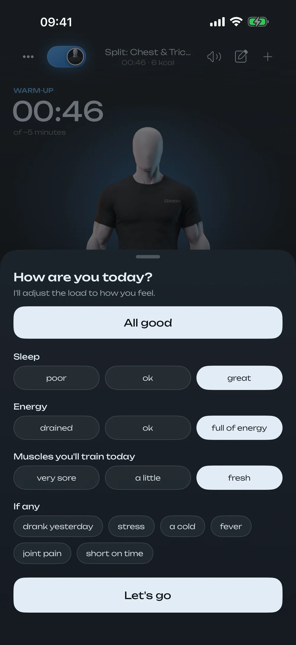 Coach Max asks before the workout: sleep, energy, muscles — marked great, full of energy, fresh