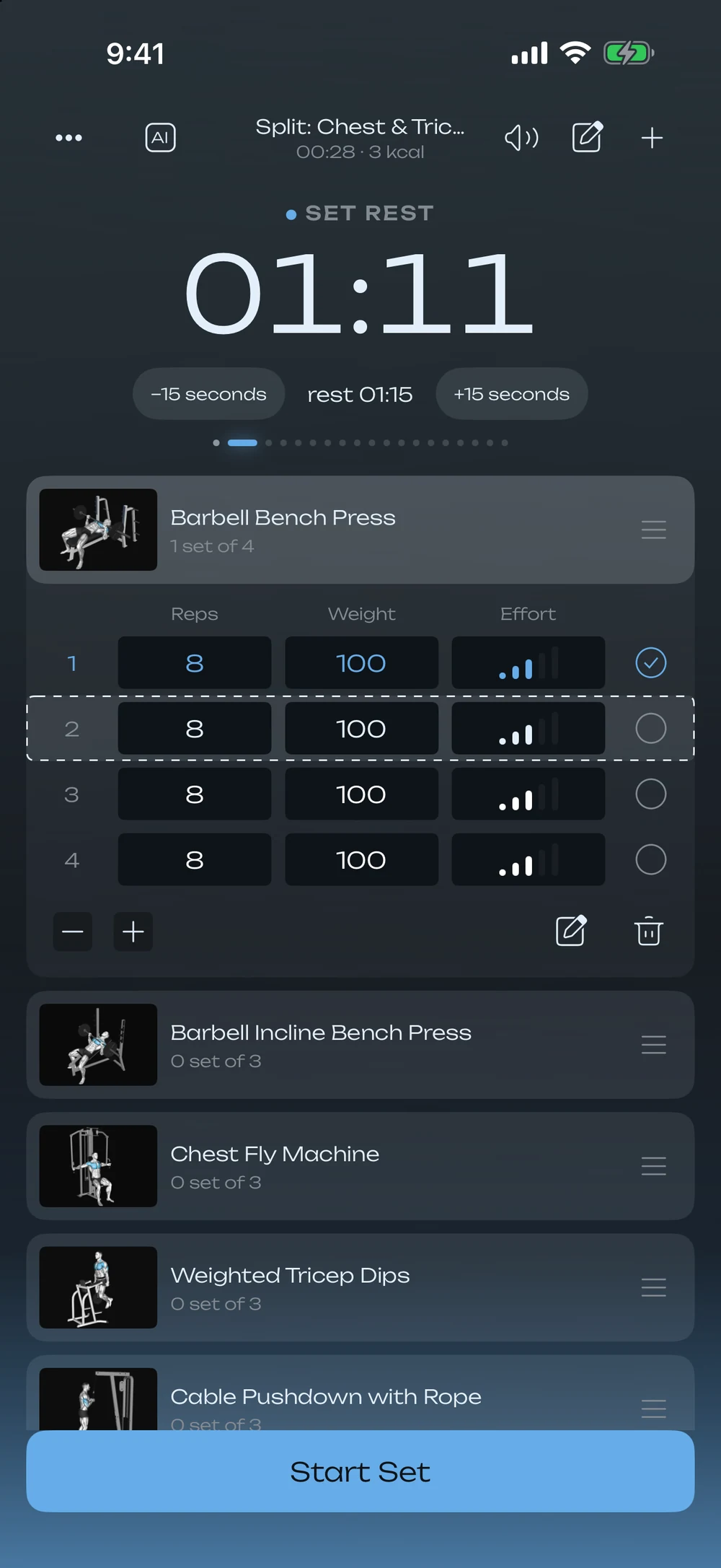 A Gloox workout: set rest 01:11, barbell bench press, 4 sets of 8 × 100 kg