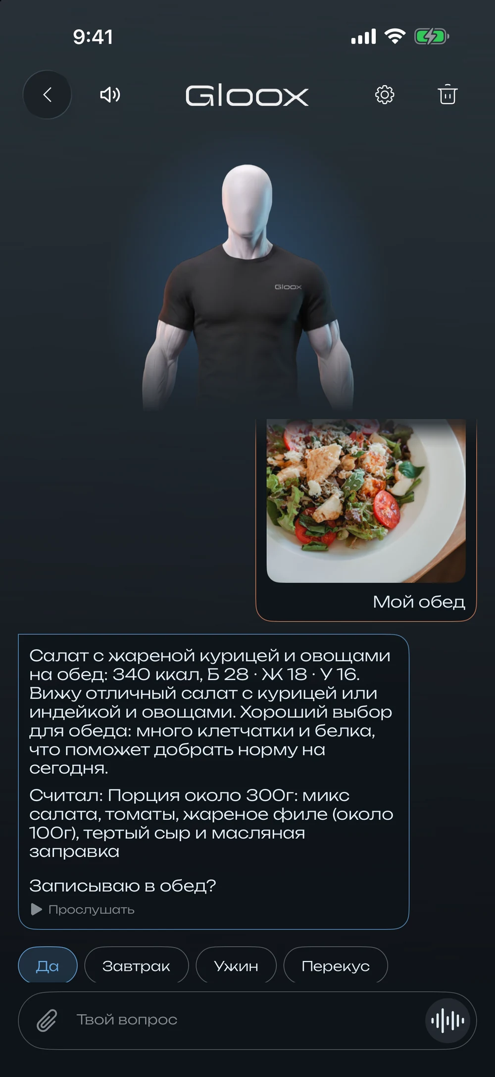 Чат с тренером: фото обеда, ответ — салат с жареной курицей, 340 ккал, Б 28 · Ж 18 · У 16, «Записываю в обед?»